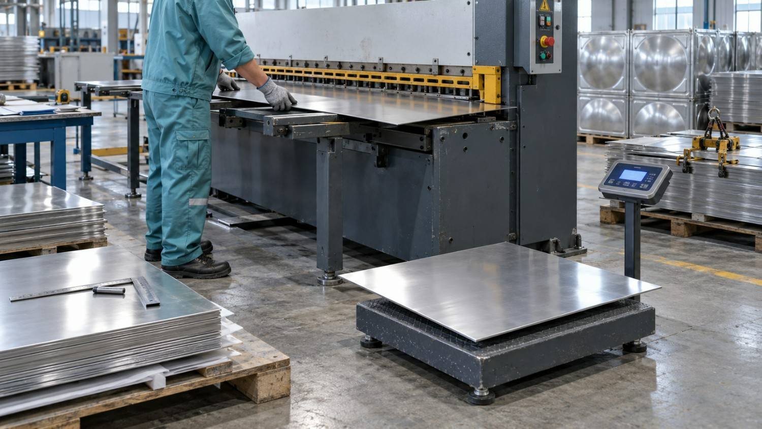 Worker weighing and preparing sheet material for water tank panels