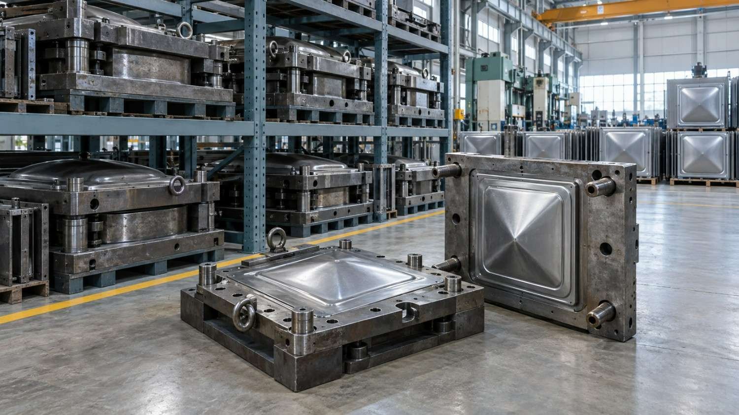 Steel molds for water tank panels stored on racks in the factory
