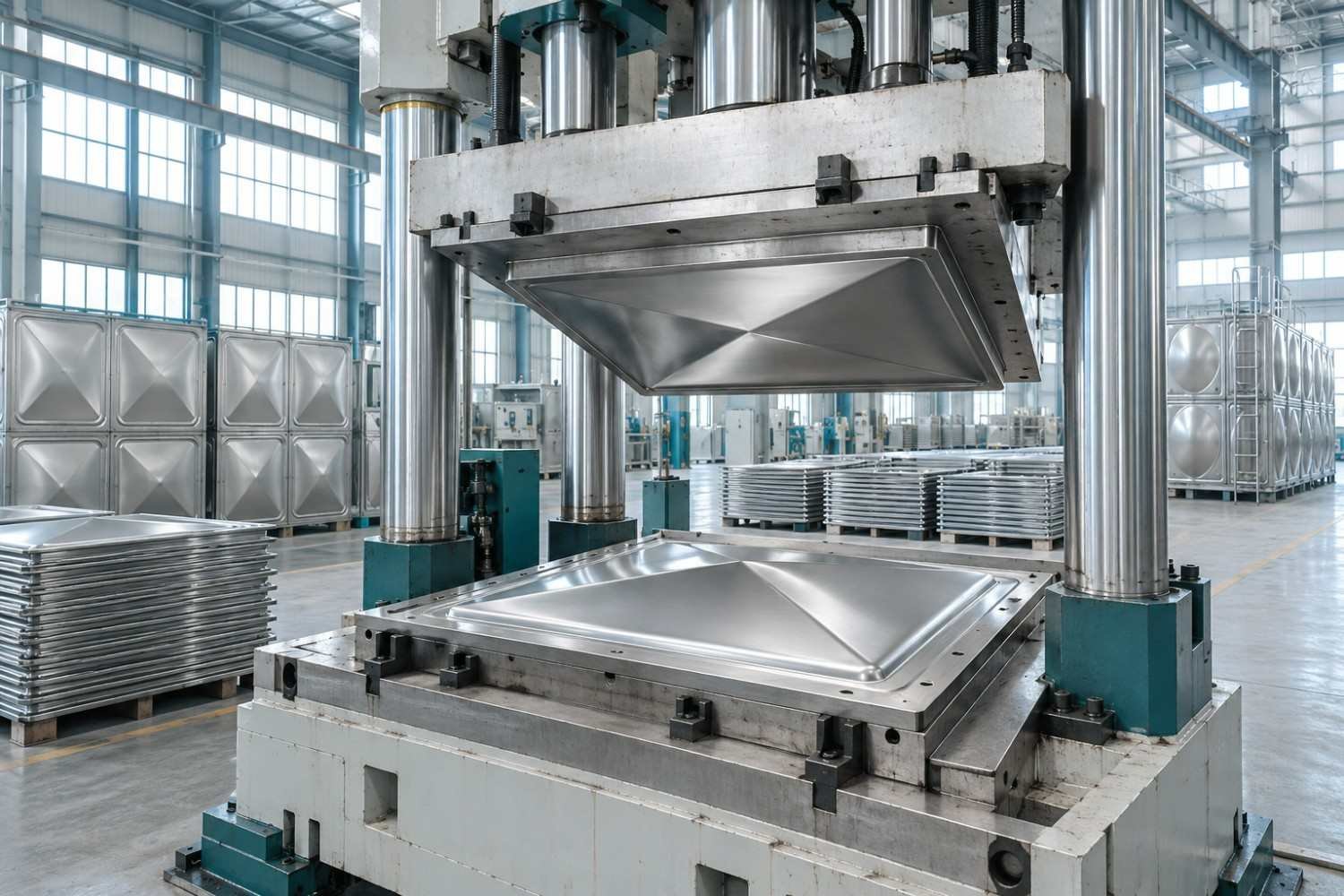 Hydraulic press forming an SMC water tank panel at the LVJIA factory