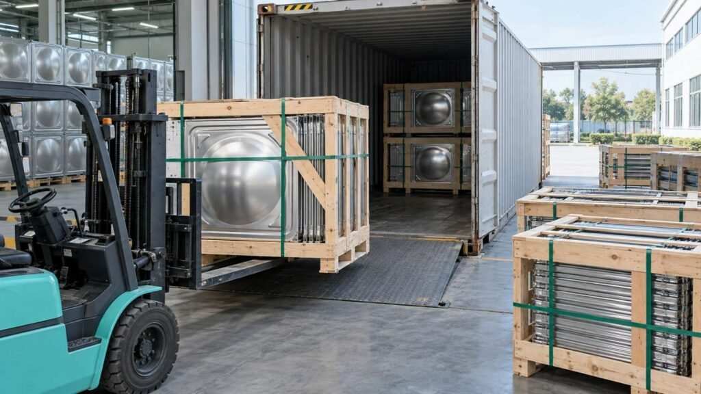 Crated water tank panels being loaded into a shipping container